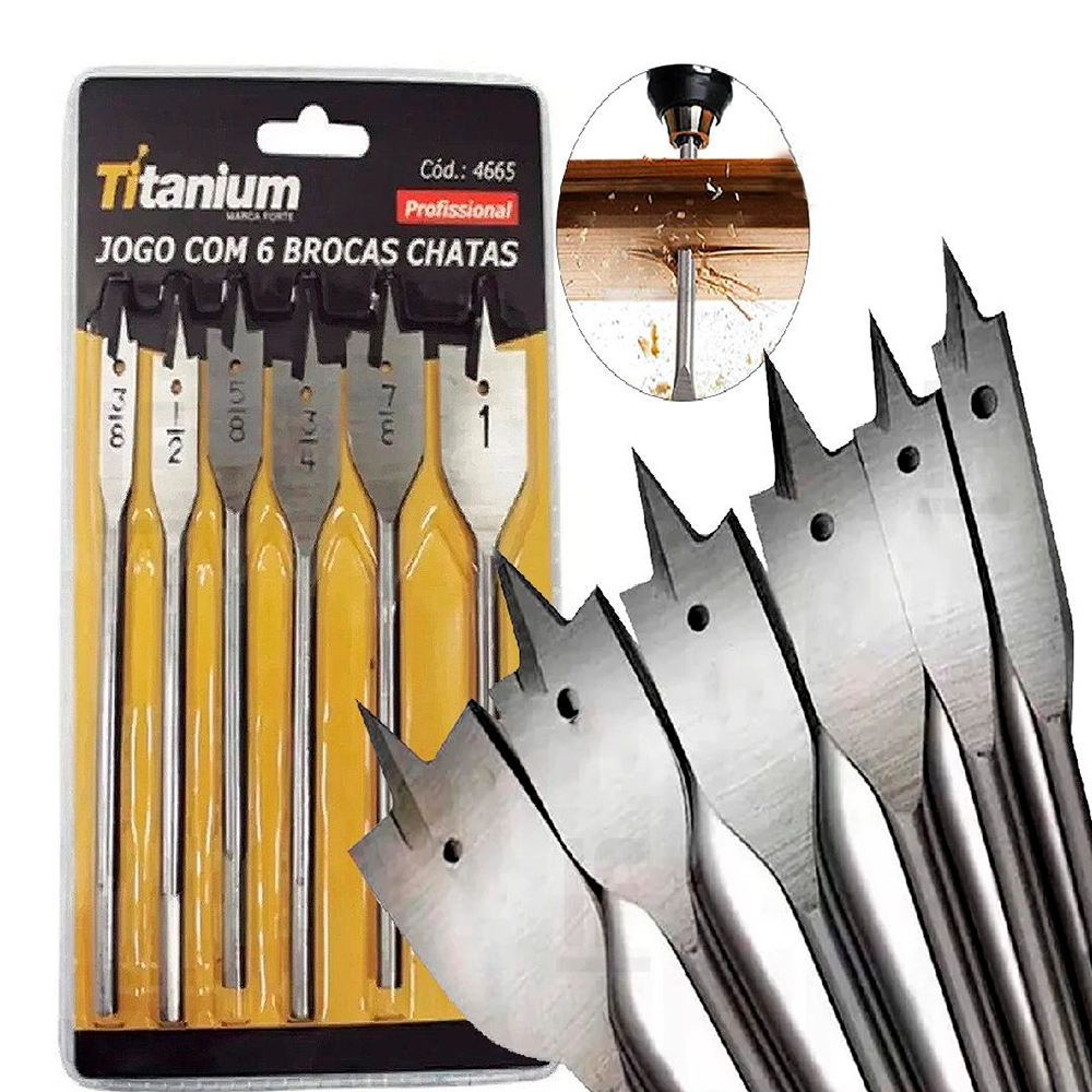 Jogo Com 6 Brocas Chatas P/ Madeira Titanium