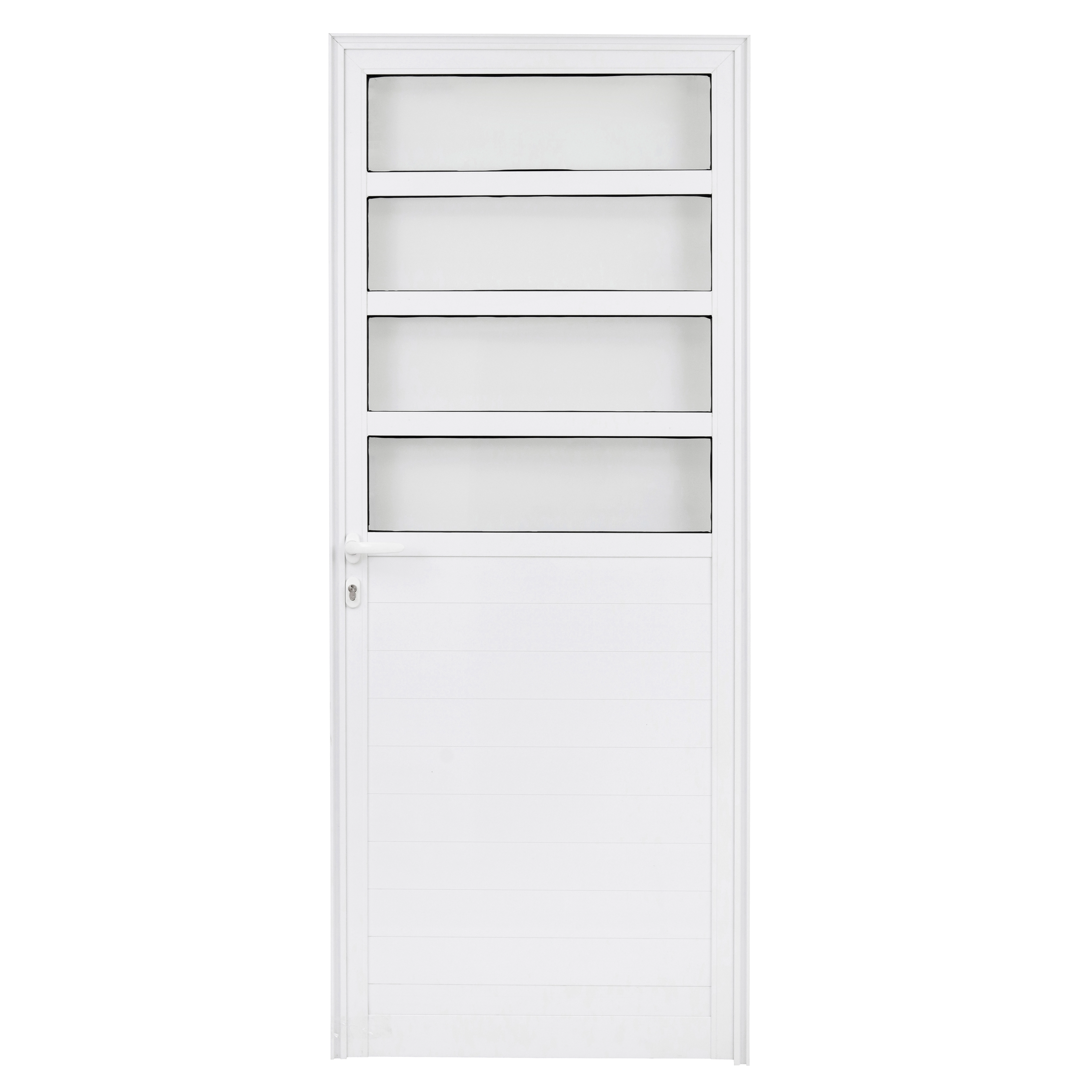 Porta com Visor de Giro Alumínio Branco com Fechadura Vidro Transparente 2,15x0,88m Lado Direito Linha Idea 3A Alumínio