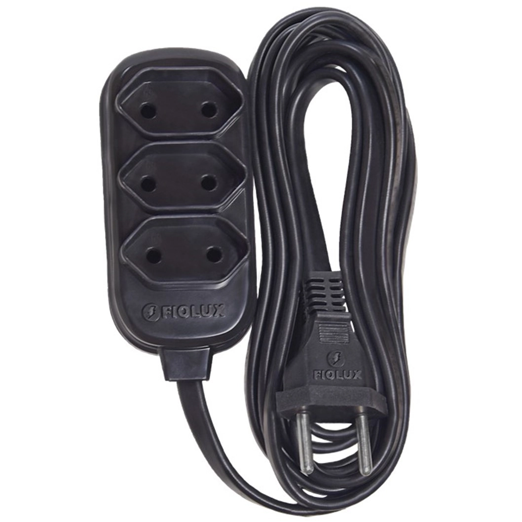 Extensao 3 Metros Bipolar Preta Com 3 Tomadas