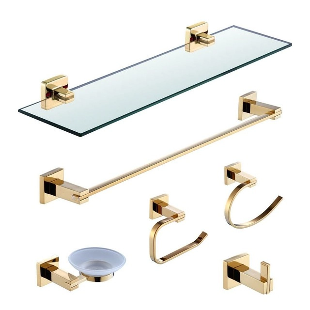Kit Acessórios De Banheiro Lavabo 6 Peças Dourado Luxo IKAB02