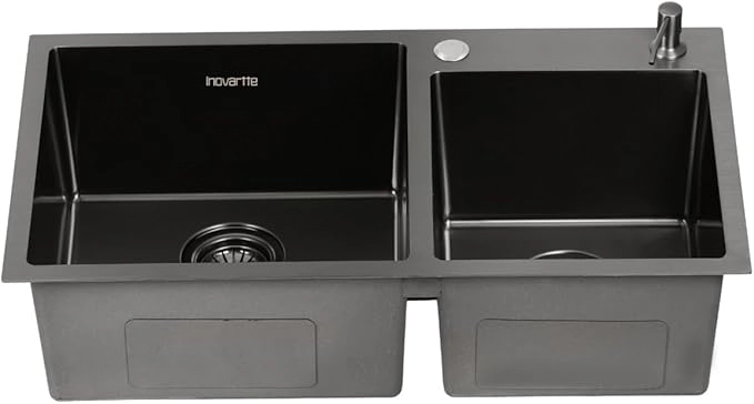 Cuba Dupla Preta Black Cozinha Gourmet em Aço Inox 304 com Válvula e Dispenser Inovartte ICB14