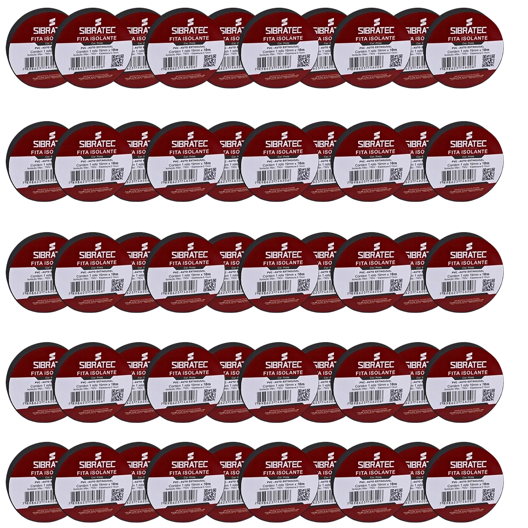 Kit Atacado 50 Fita Isolante Sibratec Preta De 19mm X 10mt