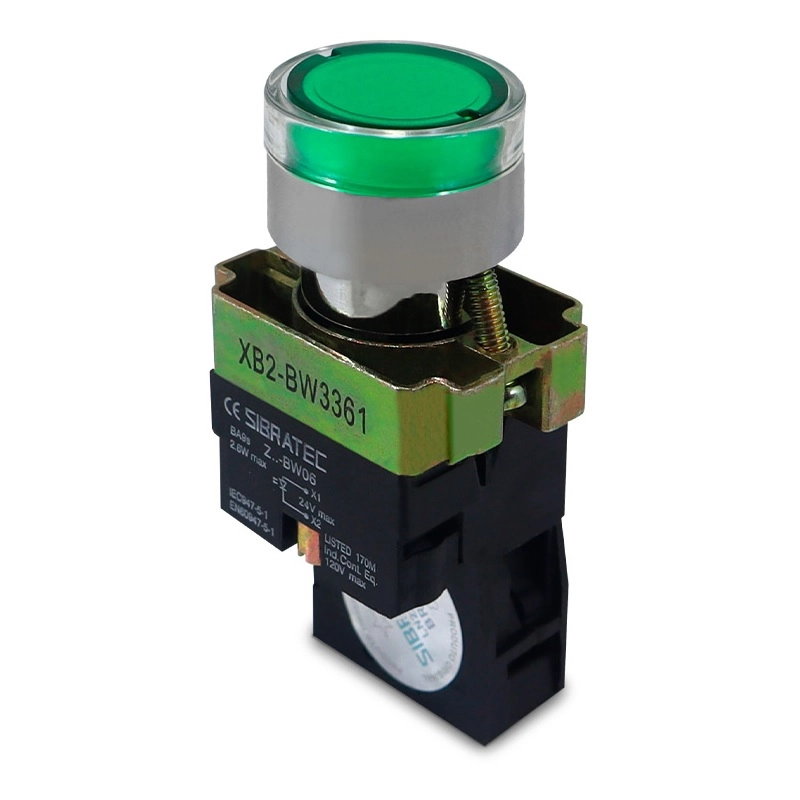 Botão Comando Impulso Iluminado Led 24vca/vcc 1na Verde Linha Metálica