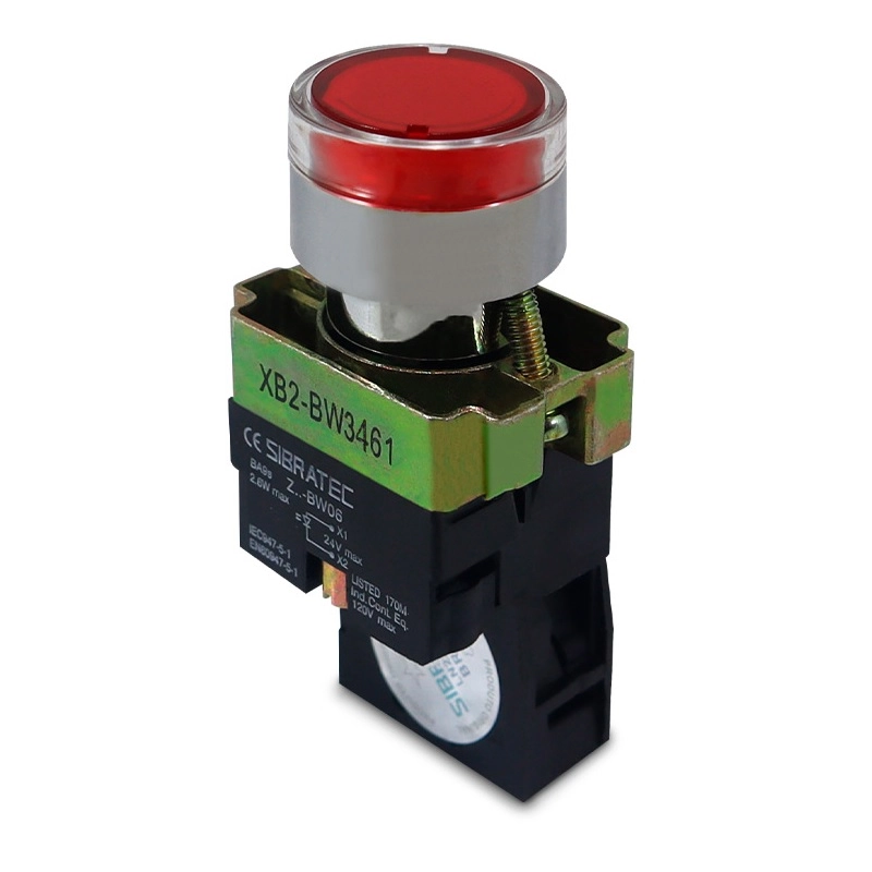 Botão Comando Impulso Iluminado Led 24vca/vcc 1nf Vermelho Linha Metálica