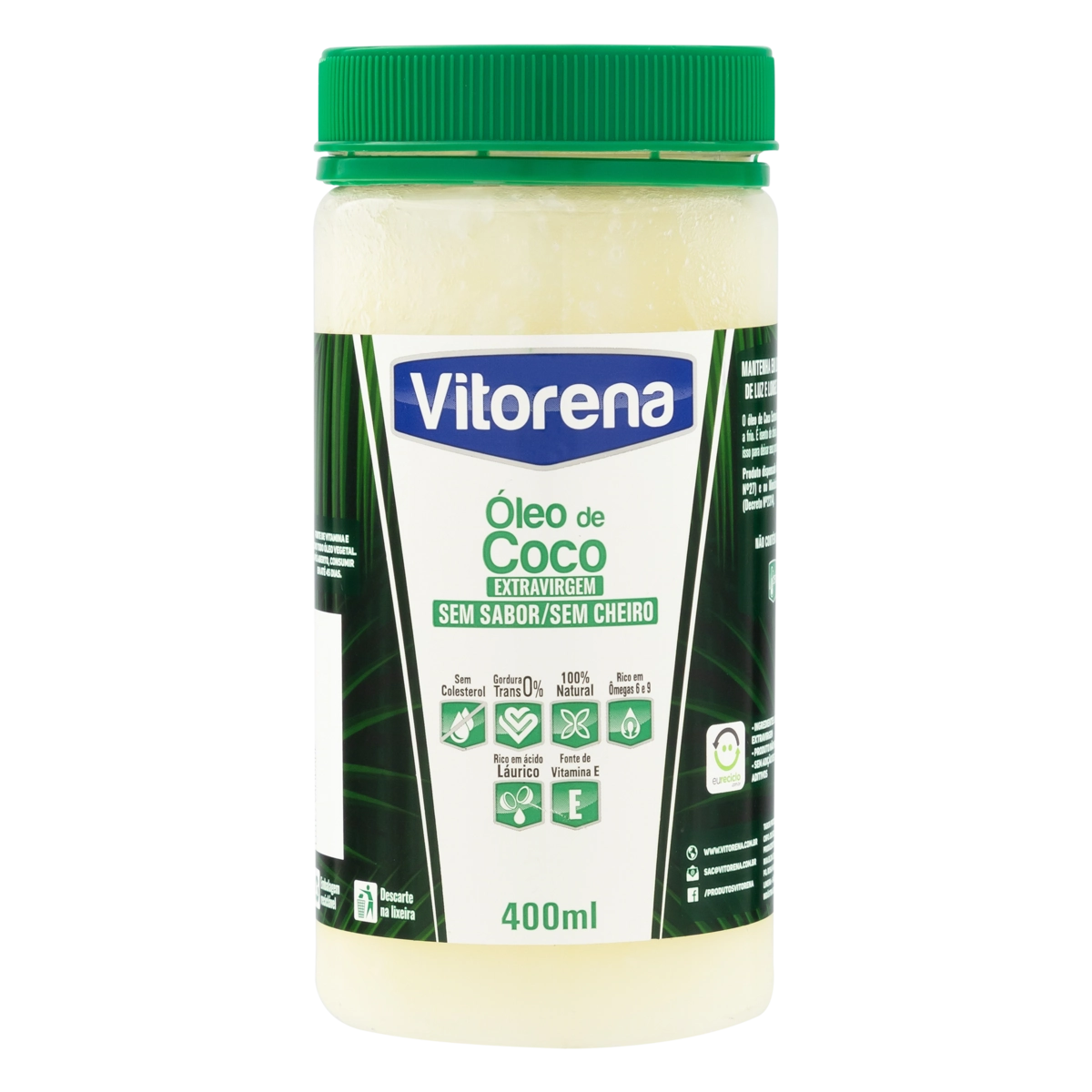 óleo De Coco Extra Virgem Sem Sabor Vitorena Vidro 400ml