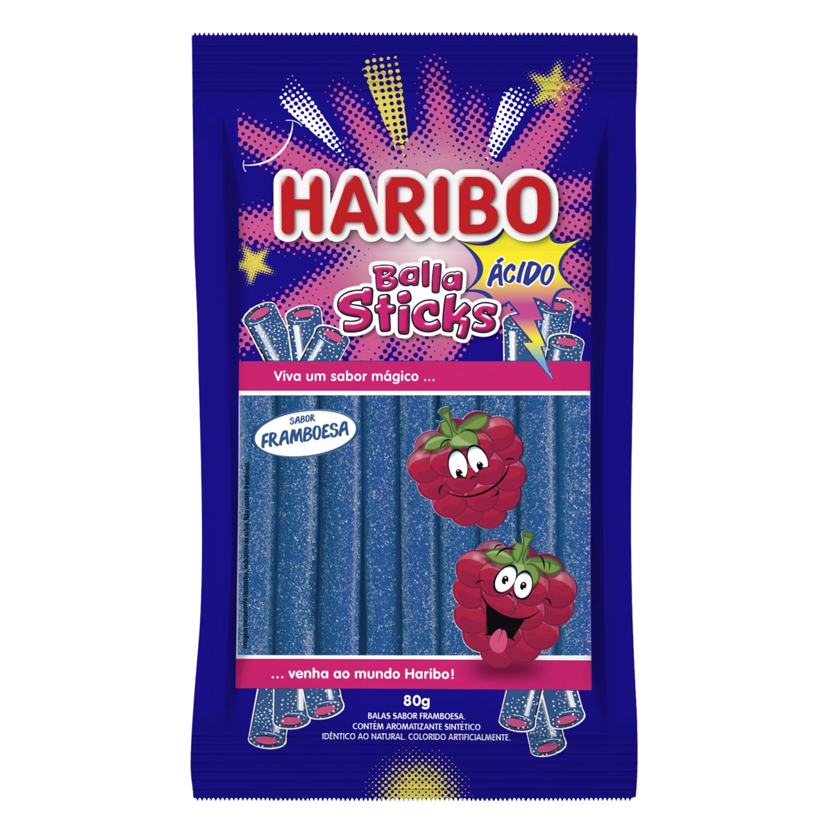 Bala Framboesa ácida Haribo Balla Sticks Pacote 80g