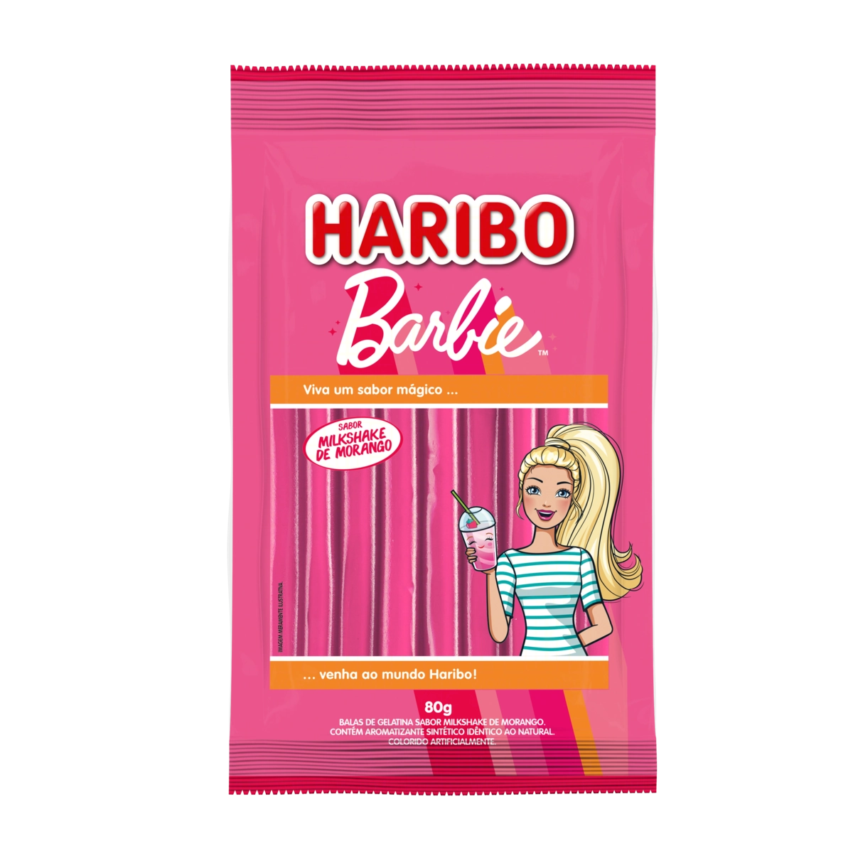 Bala De Gelatina Milkshake De Morango Barbie Haribo Pacote 80g