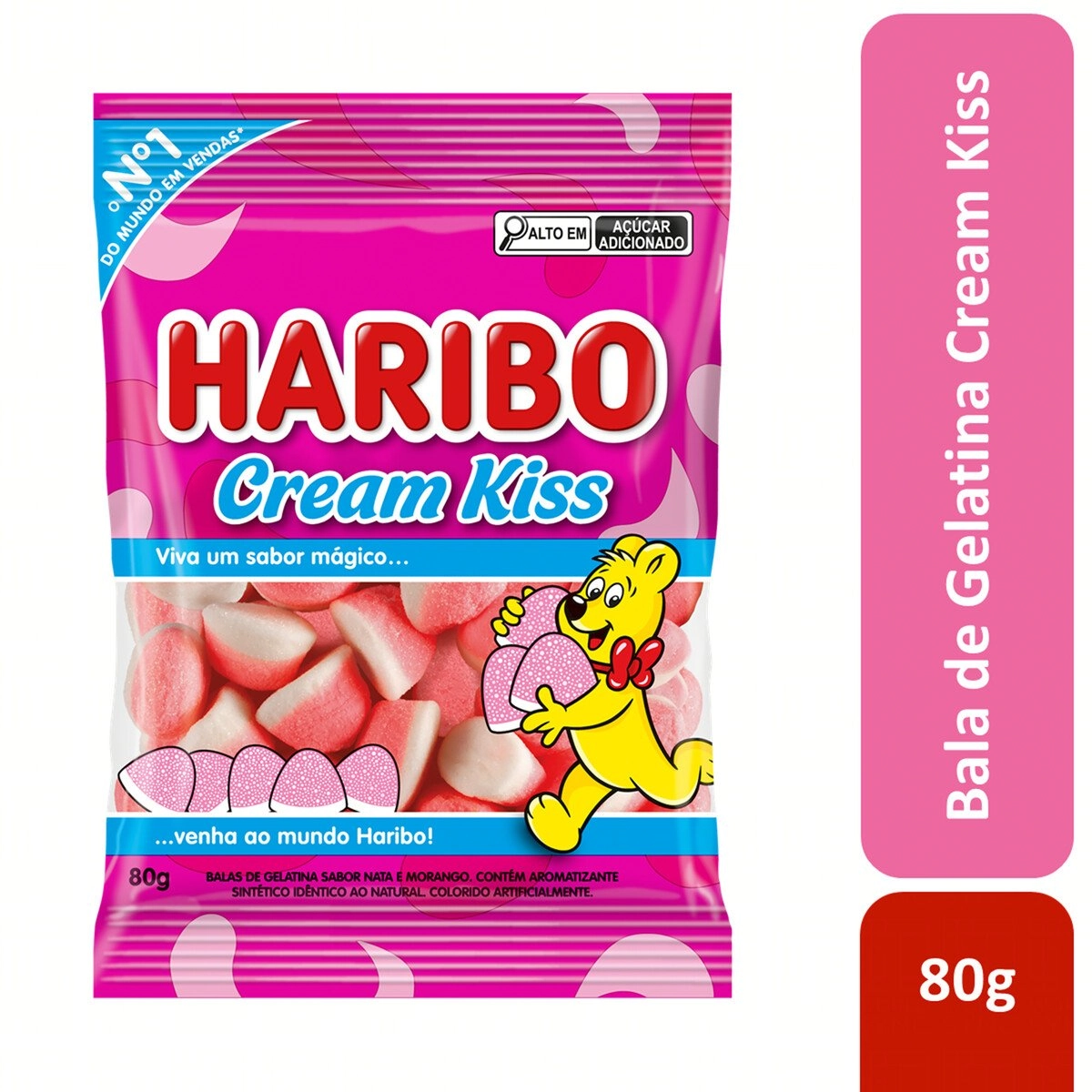 Bala de Gelatina Nata e Morango Cream Kiss Haribo Pacote 80g