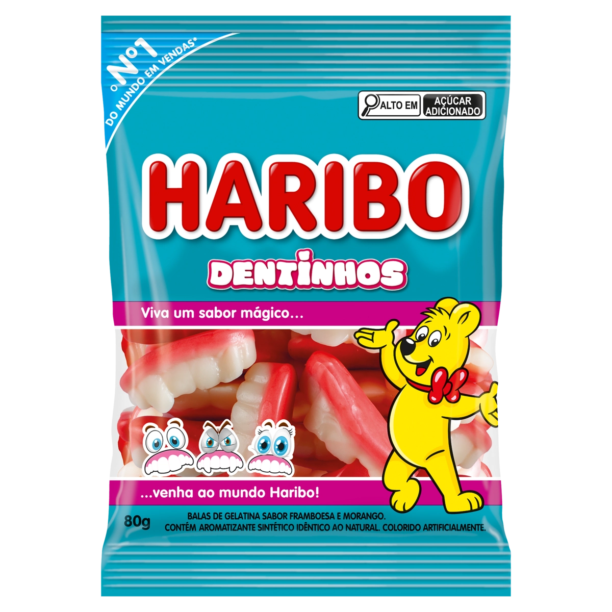 Bala de Gelatina Framboesa e Morango Dentinhos Haribo Pacote 80g