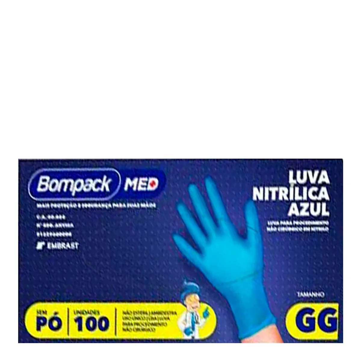 Luva Nitrílica Bompack Azul Sem Pó Tamanho PP 100 Unidades