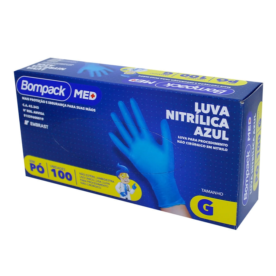 Luva Nitrílica Bompack Azul Sem Pó Tamanho G 100 Unidades