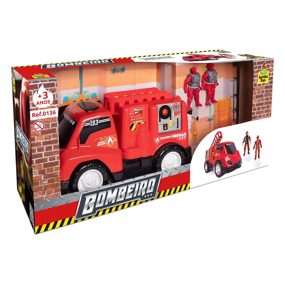 Caminhão de Bombeiro 27 Cm c/ 2 Bonecos Plástico, Samba Toys 0136 - 148019