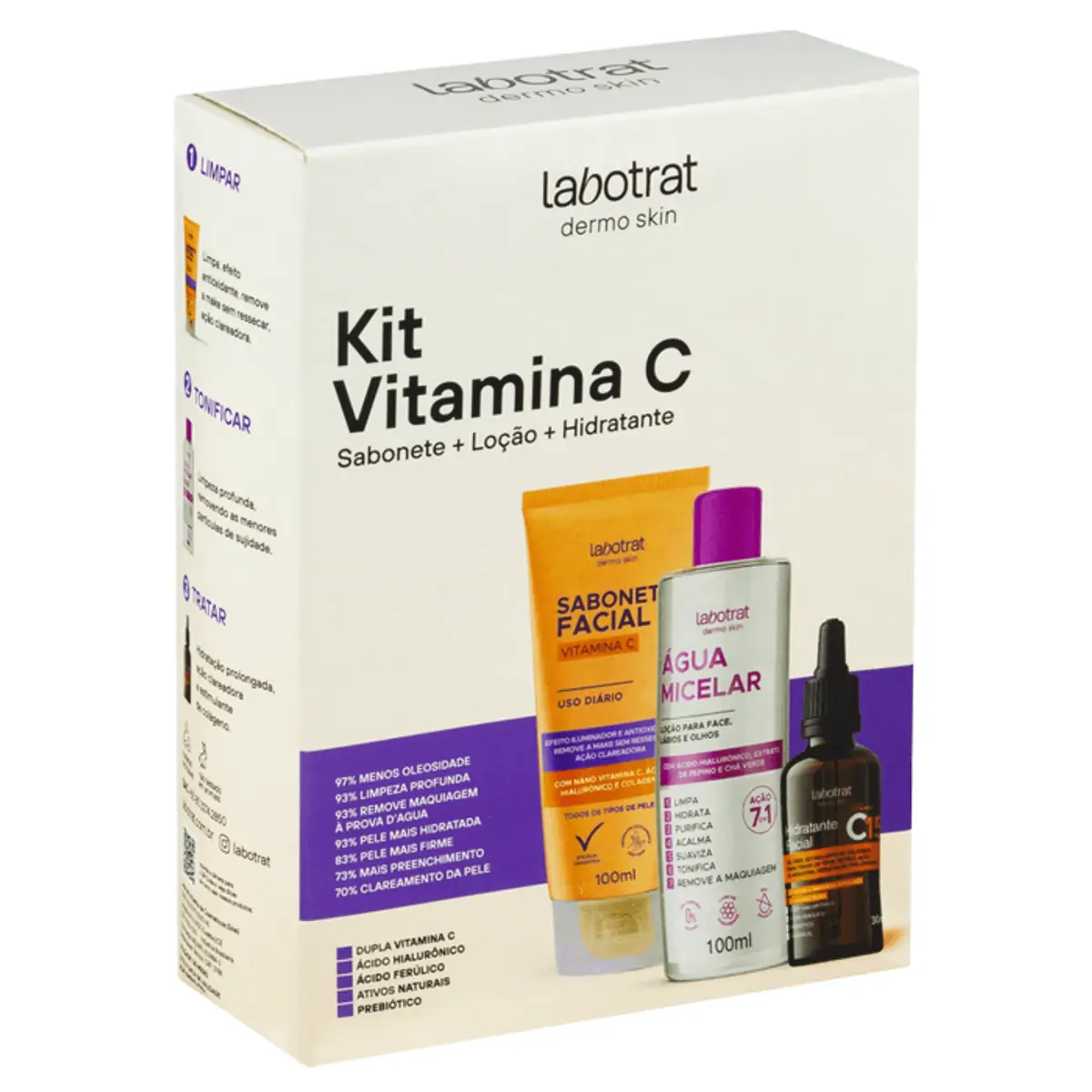 Kit Sabonete Facial Vitamina C 100ml Loção água Micelar 100ml Hidratante Facial Vitamina C15 30ml La