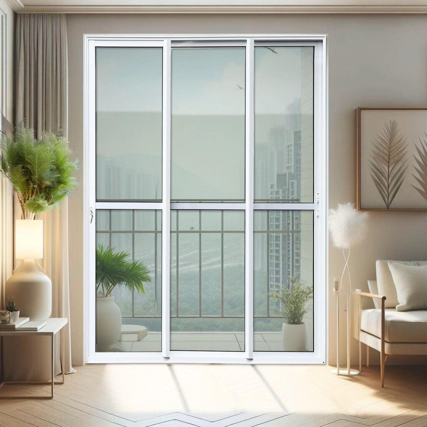 Porta De Correr 3 Folhas Moveis Sequenciais 210 X 180 Elite Com Fechadura Tetra Vidro Liso Branco