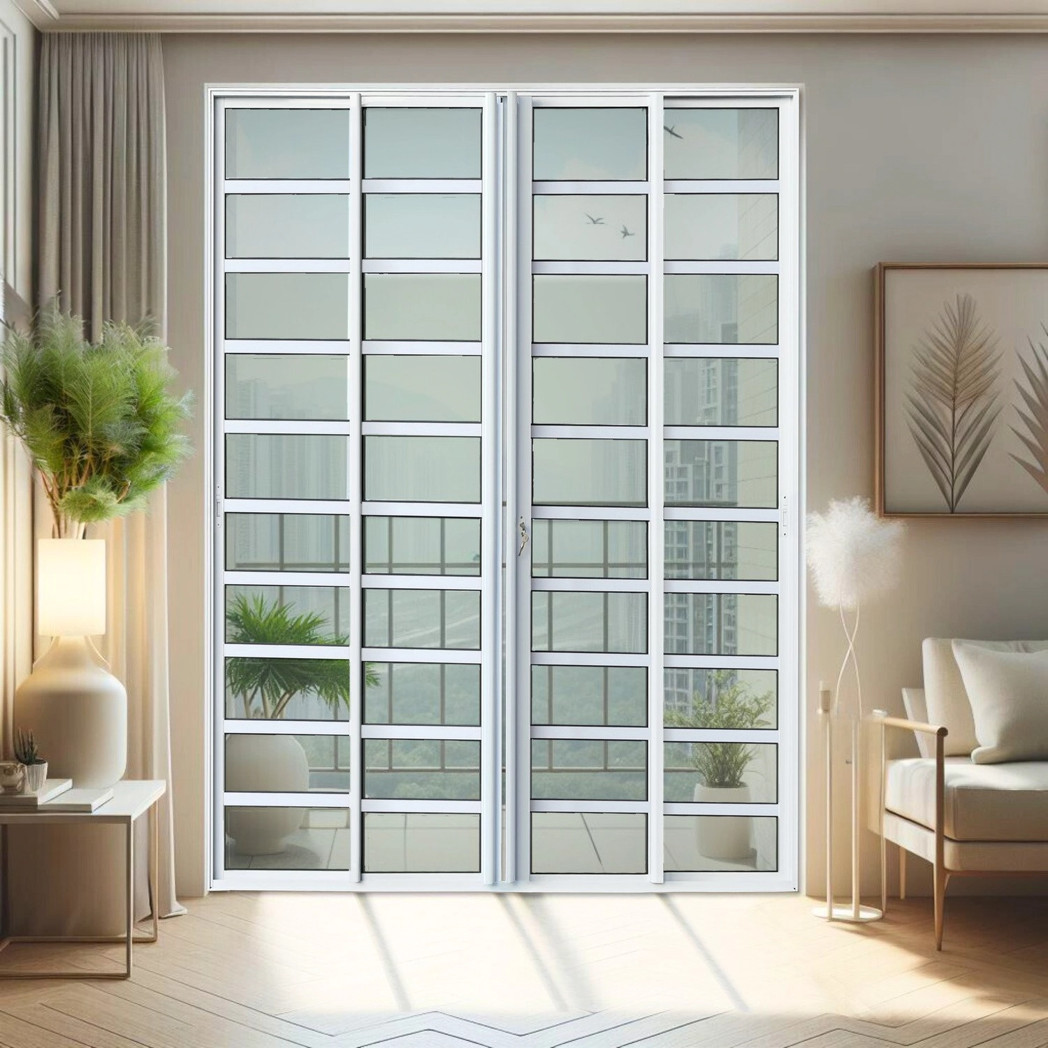 Porta De Correr Com Travessas 4 Folhas Moveis 210 X 200 Elite Com Fechadura Tetra Vidro Liso Branco