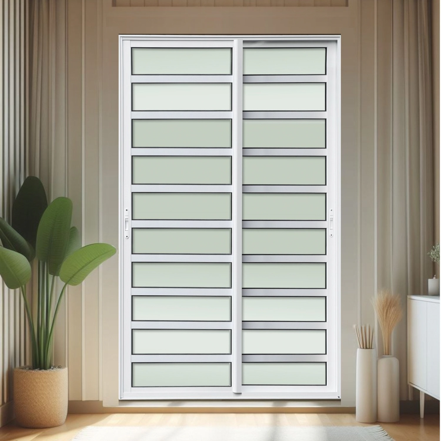Porta De Correr Com Travessas 2 Folhas Moveis 210 X 120 Elite Com Fecho Automático Vidro Liso Branco
