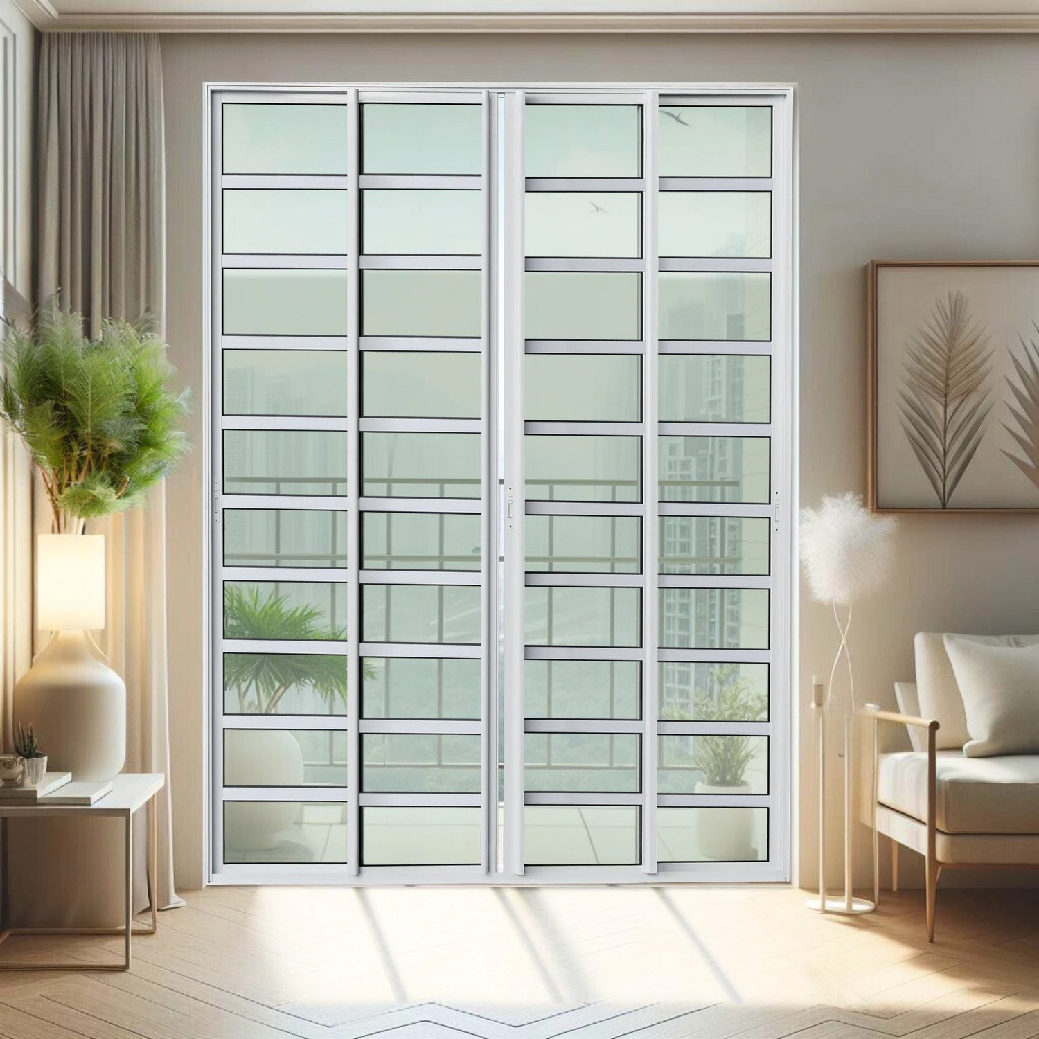 Porta De Correr Com Travessas 4 Folhas Moveis 210 X 200 Elite Com Fecho Automático Vidro Liso Branco