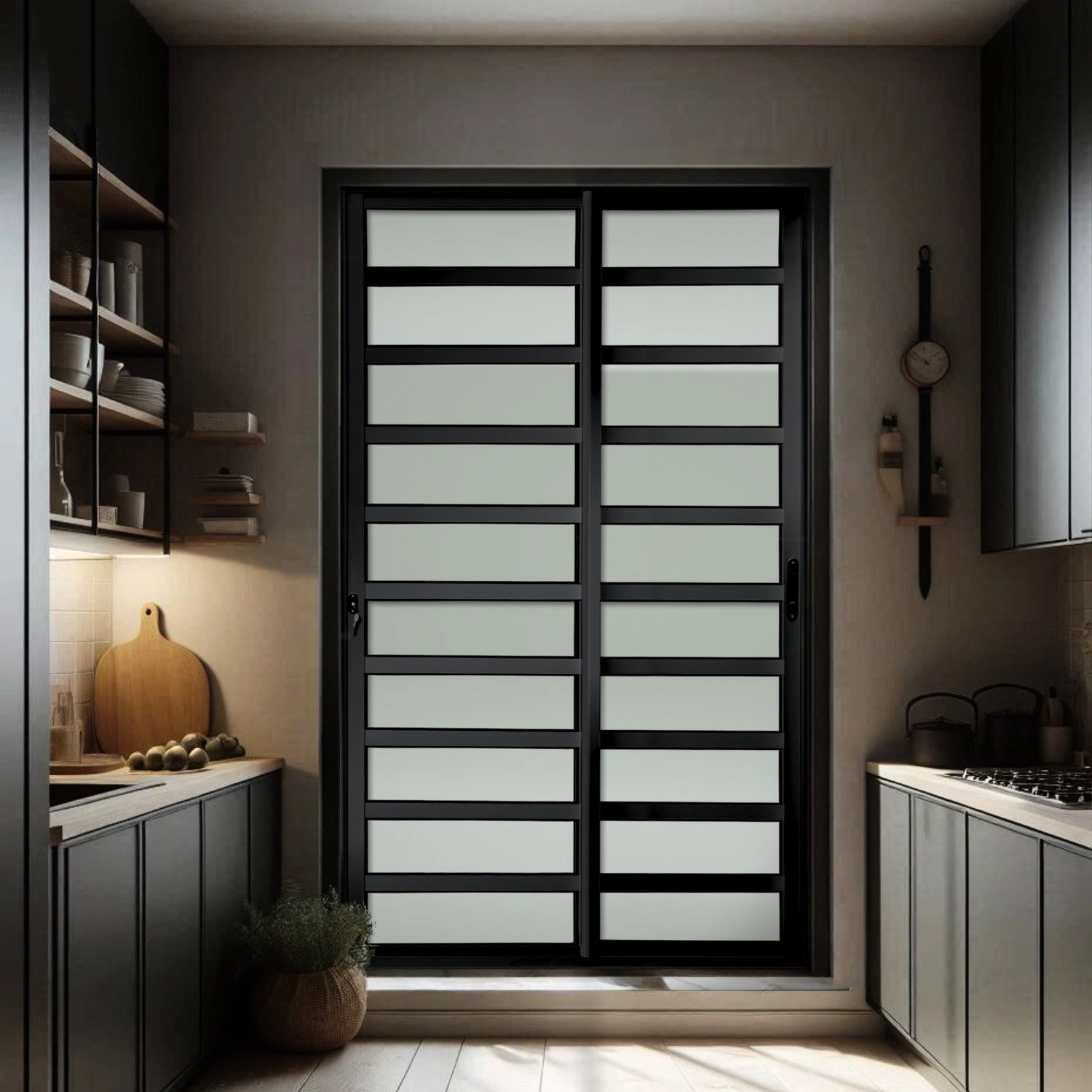 Porta De Correr Com Travessas 2 Folhas Moveis 210 X 150 Elite Com Fechadura Tetra Vidro Liso Preto