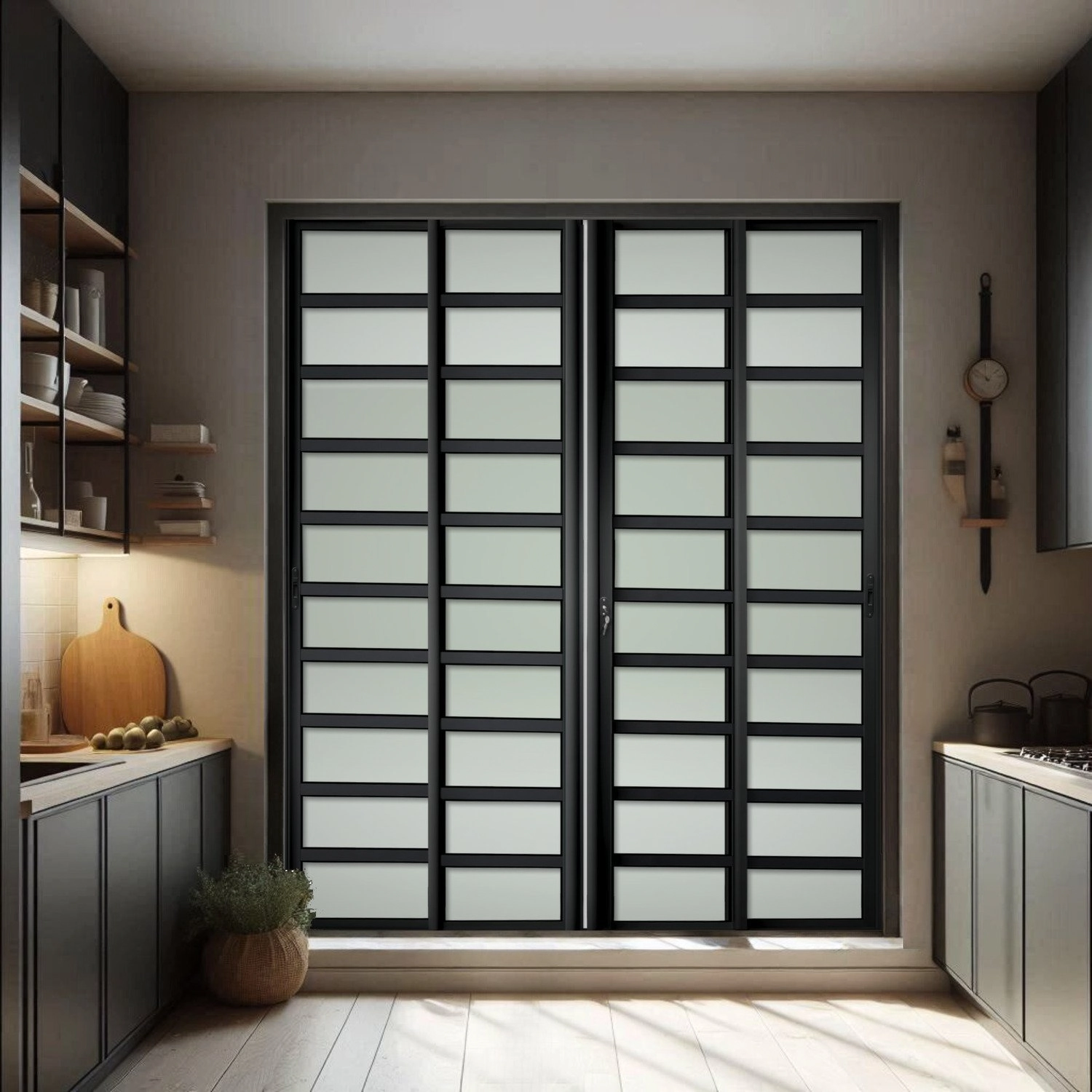 Porta De Correr Com Travessas 4 Folhas Moveis 210 X 200 Elite Com Fechadura Tetra Vidro Liso Preto