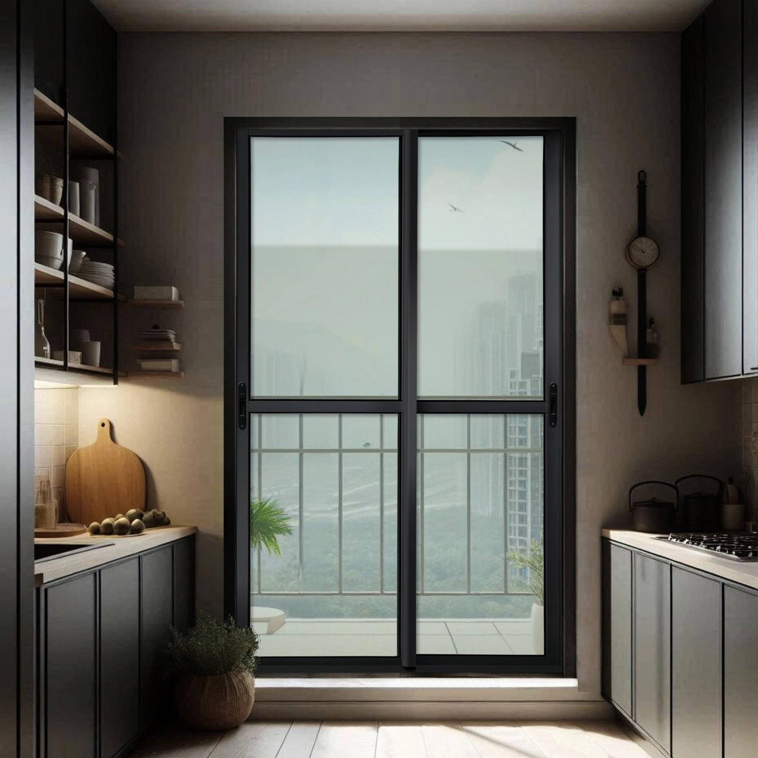 Porta De Correr 2 Folhas Moveis 210 X 120 Elite Com Fecho Automático Vidro Liso Preto