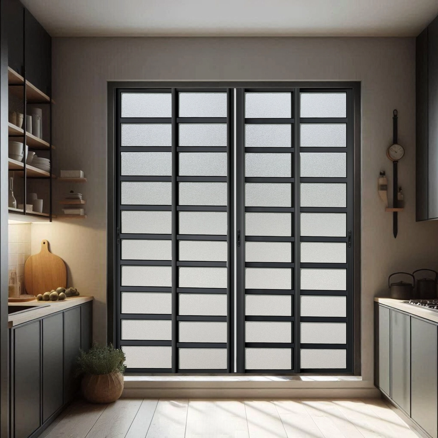 Porta De Correr Com Travessas 4 Folhas Moveis 210 X 240 Elite Com Fecho Automático Vidro Liso Preto