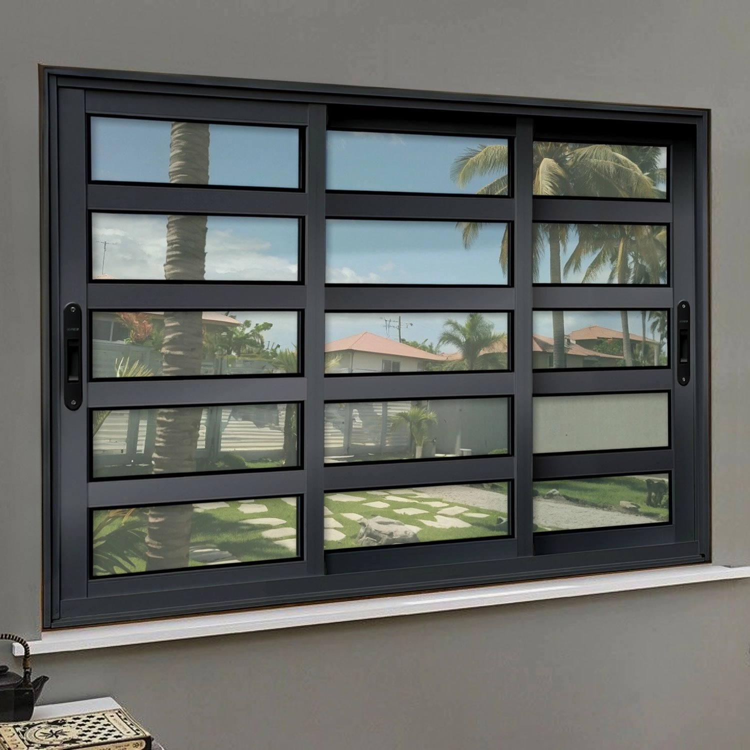 Janela Elite Com Travessas 3 Folhas Moveis Sequenciais 100 X 150 Vidro Liso Preto