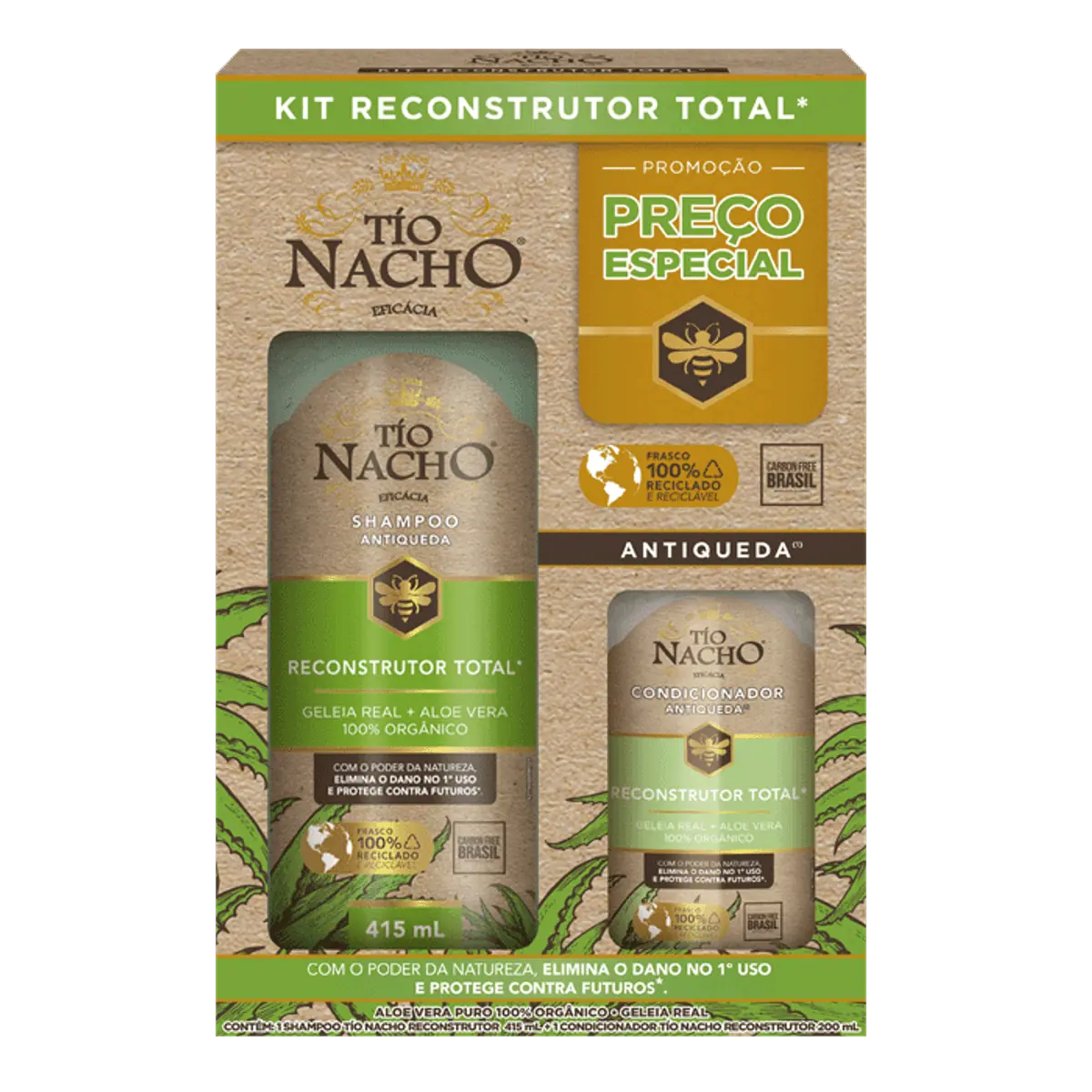 Shampoo 415ml e Condicionador 200ml Reconstrutor Aloe Vera Tio Nacho
