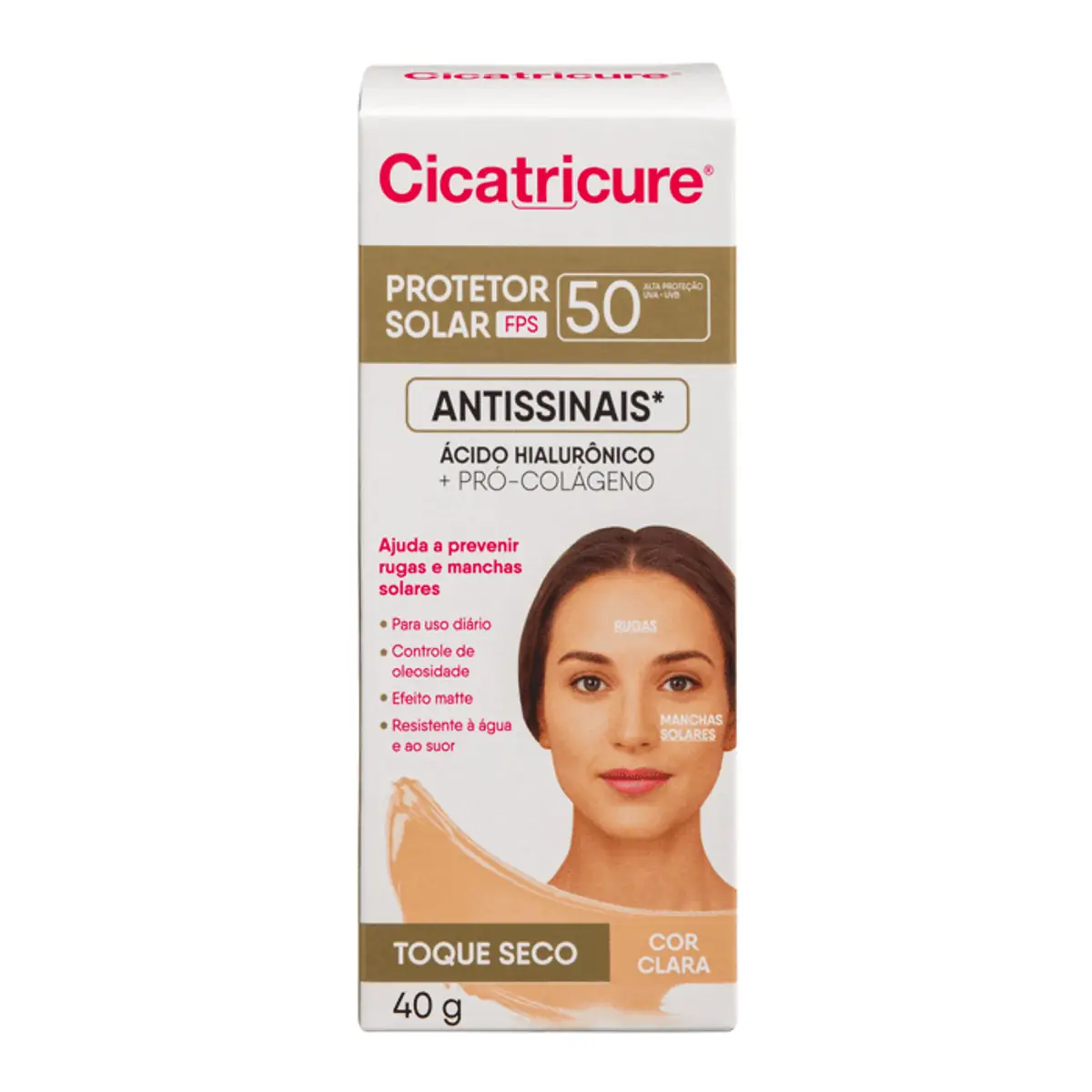Protetor Solar Toque Seco Antissinais Com Cor Clara Fps 50 Cicatricure Caixa 40g