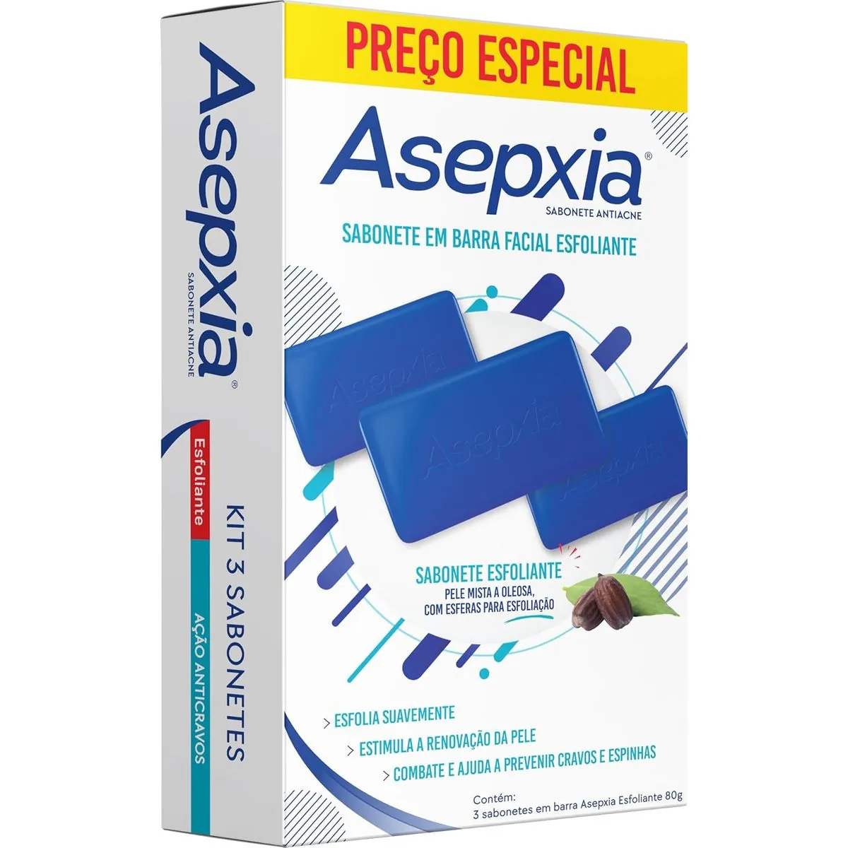 Sabonete em Barra Asepxia Esfoliante - Ação Anti Cravos - Kit com 3 Unidades de 80g