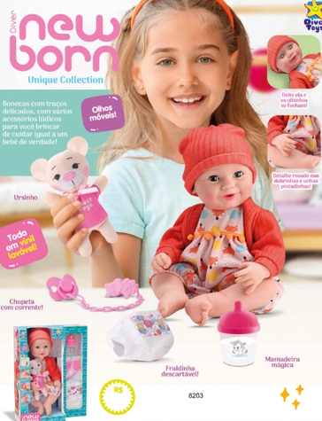 Boneca Diver New Born Unique Collection Body Laranja 8203 Divertoys