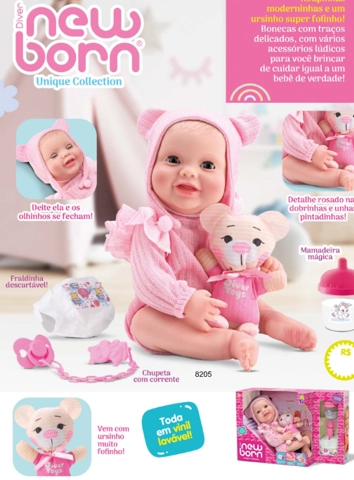 Boneca Diver New Born Unique Collection Body Rosa 8205 Divertoys