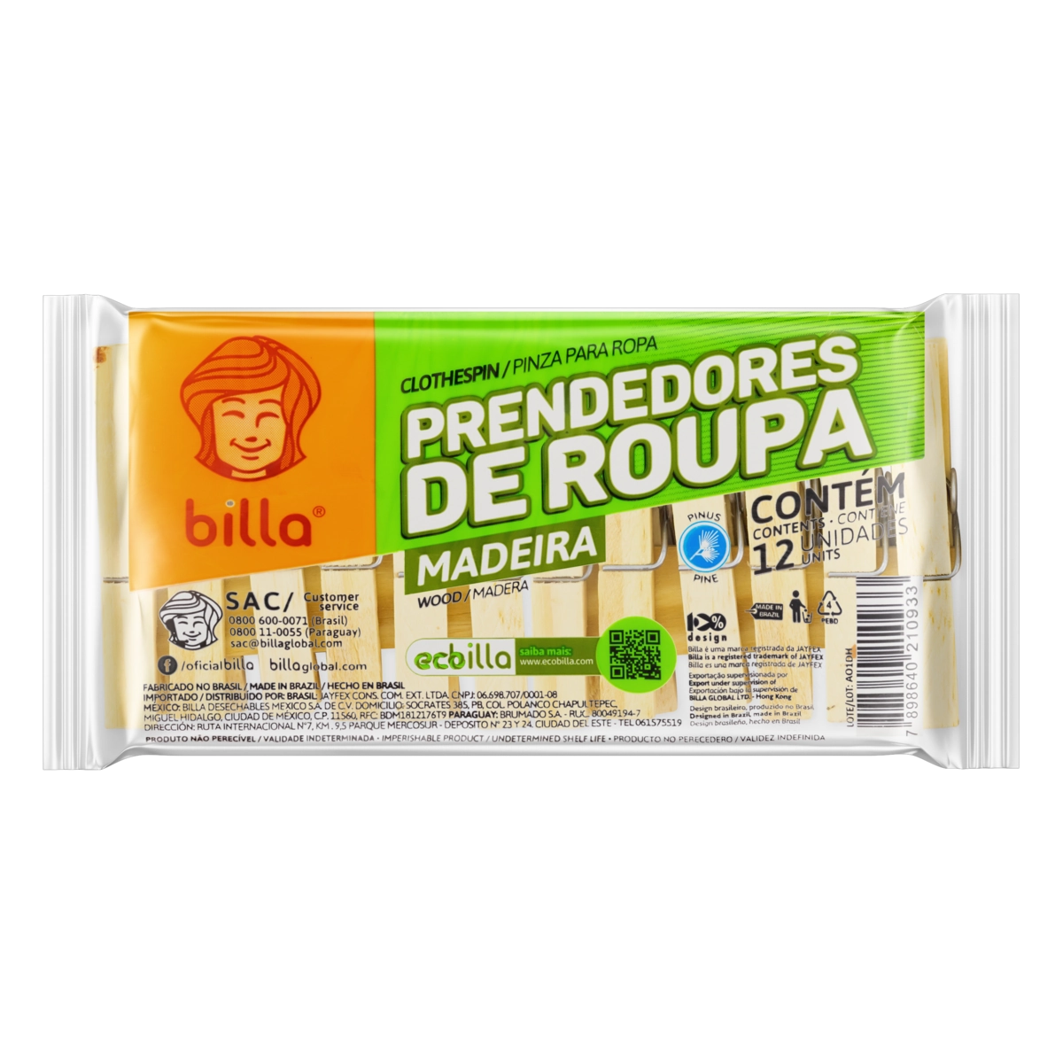Prendedor De Roupa Madeira Billa 12 Unidades