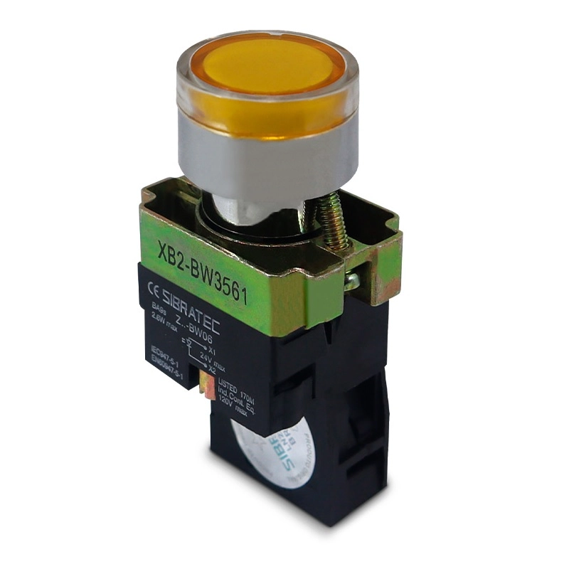 Botão Comando Impulso Iluminado Led 24vca/vcc 1na Amarelo Linha Metálica
