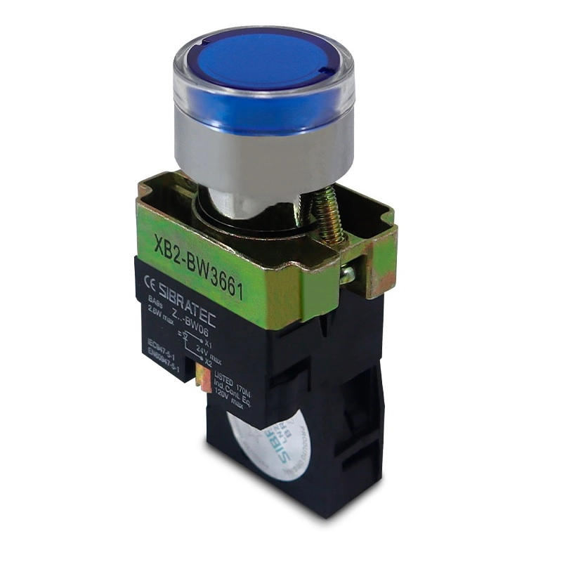 Botão Comando Impulso Iluminado Led 24vca/vcc 1na Azul Linha Metálica