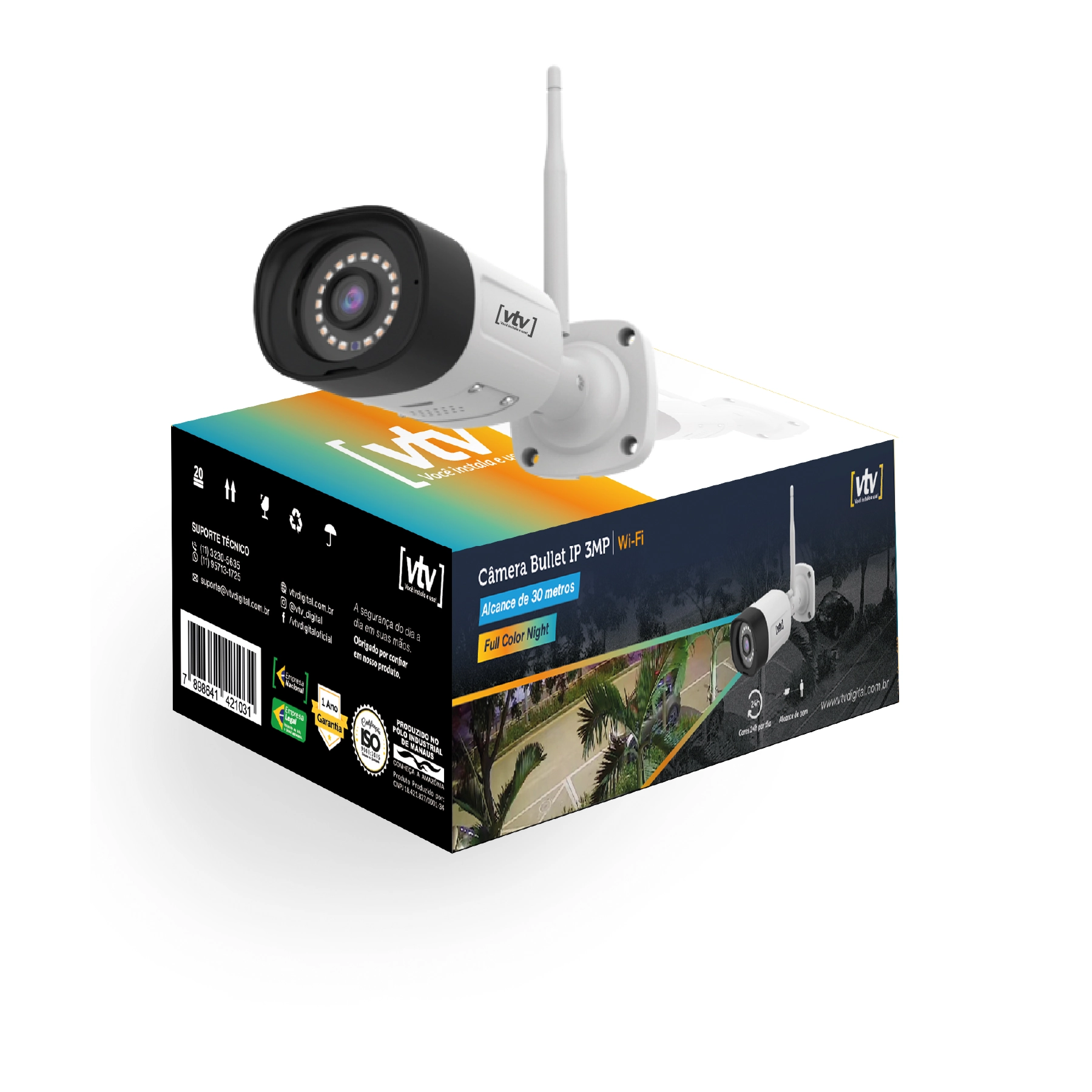 Câmera Bullet Ip 3Mp Wi-Fi 30m Full Color Night VTV