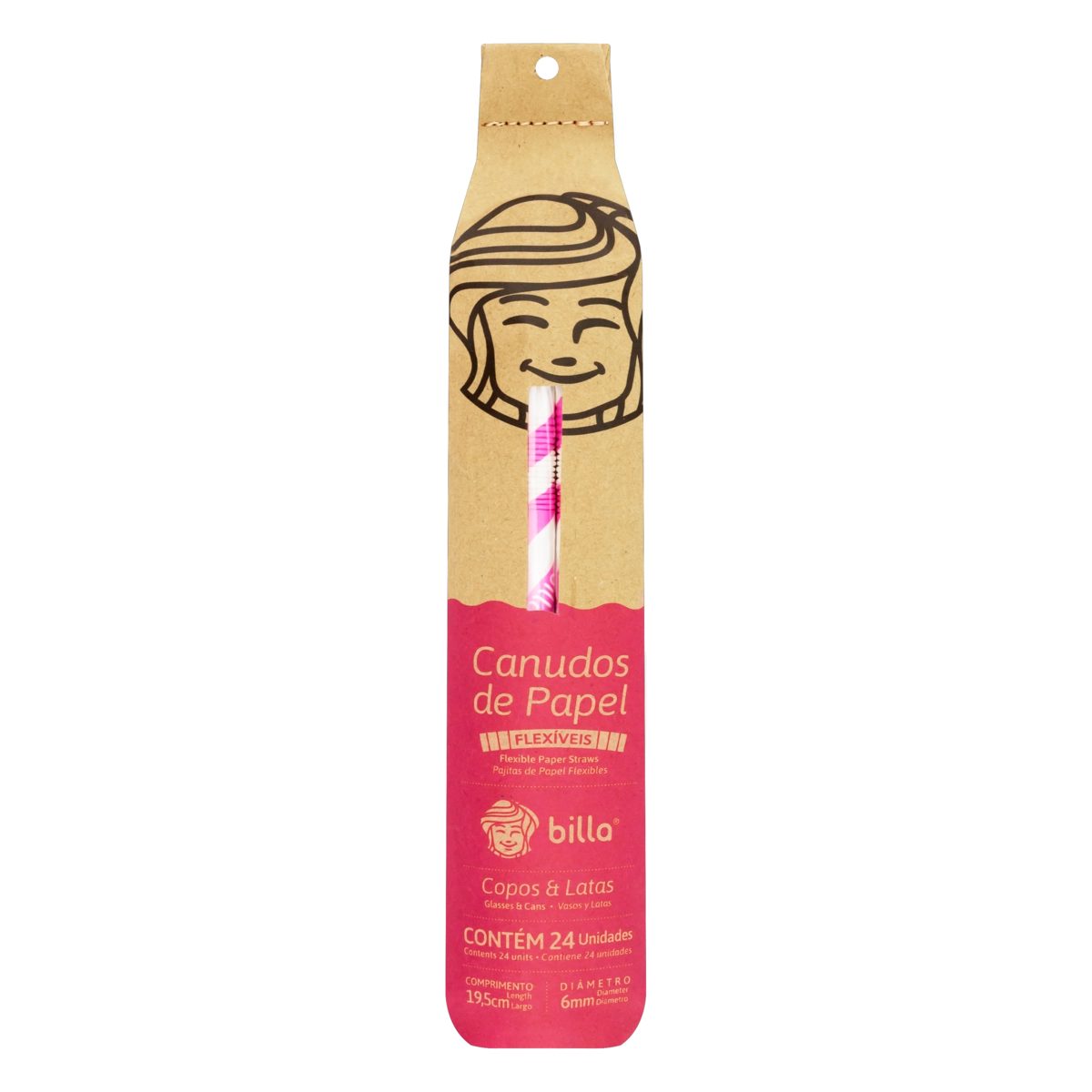 Canudo Papel Descartável Flexível Listrado Rosa Billa 19,5cm Cartucho 24 Unidades