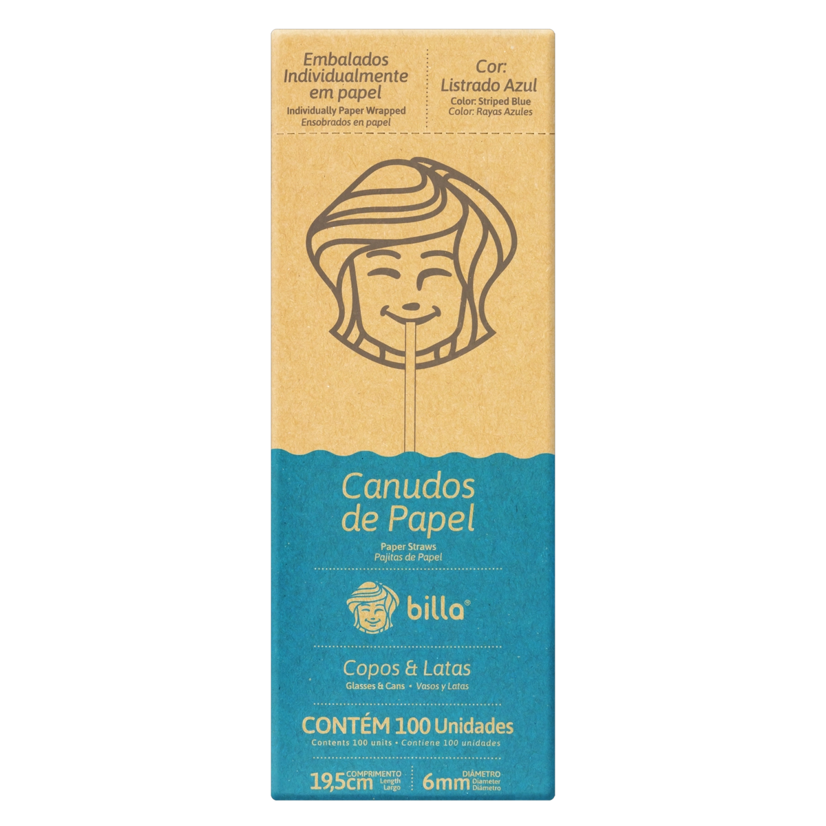 Canudo Papel Descartável Listrado Azul Billa 19,5cm Caixa 100 Unidades