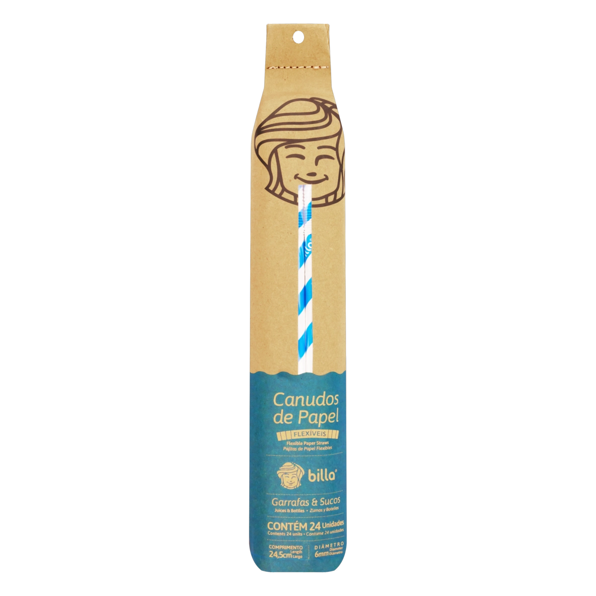 Canudo Papel Descartável Flexível Listrado Azul Billa 24,5cm Cartucho 24 Unidades