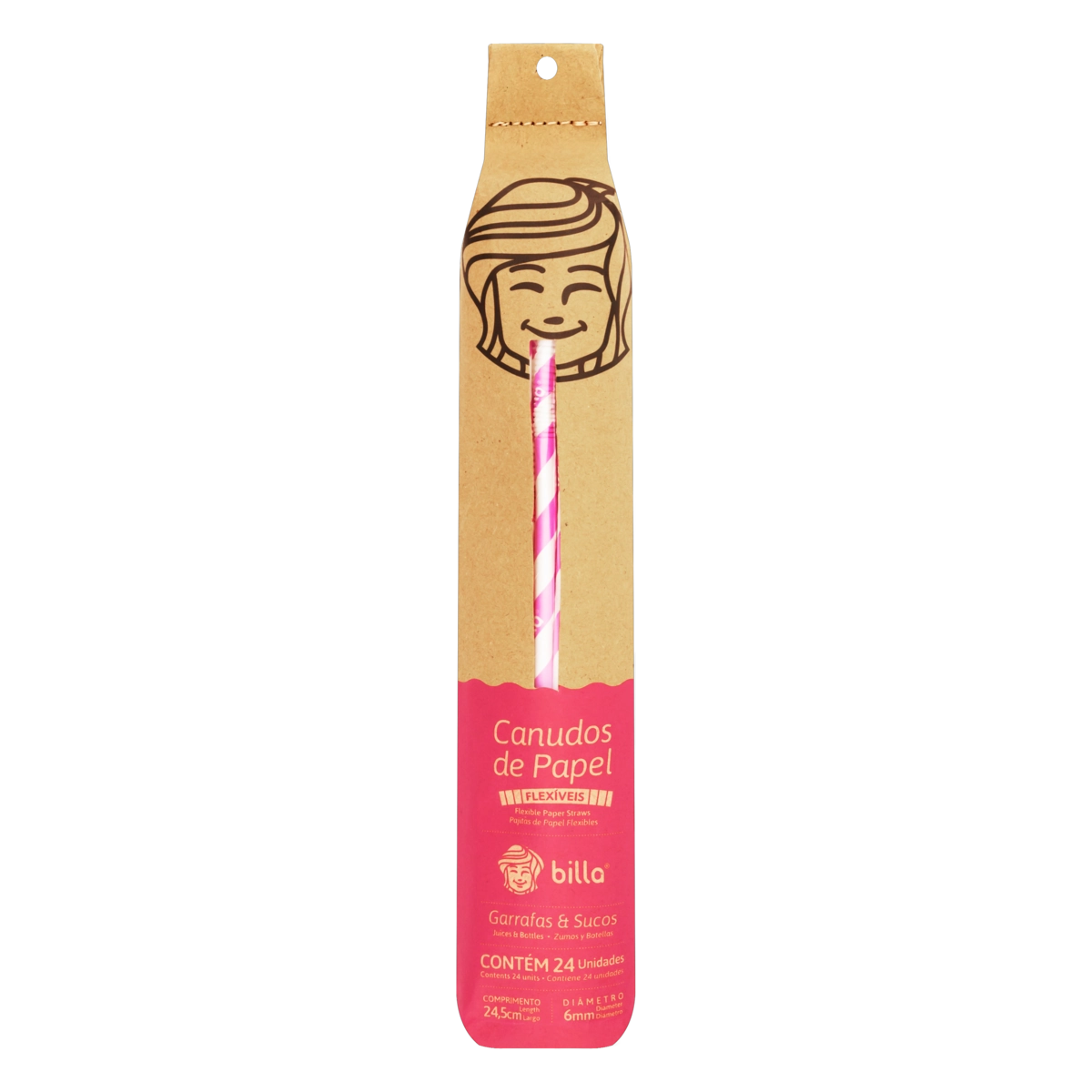 Canudo Papel Descartável Flexível Listrado Rosa Billa 24,5cm Cartucho 24 Unidades