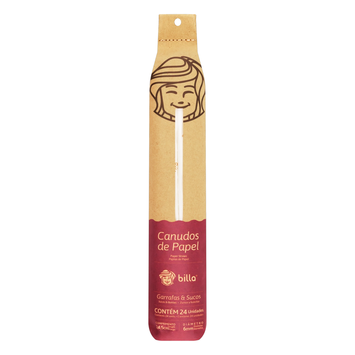 Canudo Papel Descartável Pardo Billa 24,5cm Cartucho 24 Unidades