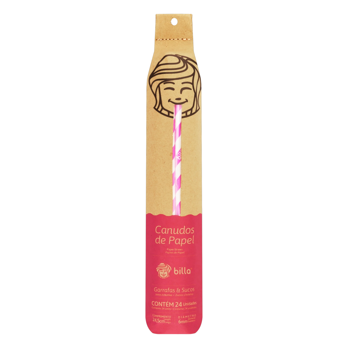 Canudo Papel Descartável Listrado Rosa Billa 24,5cm Cartucho 24 Unidades