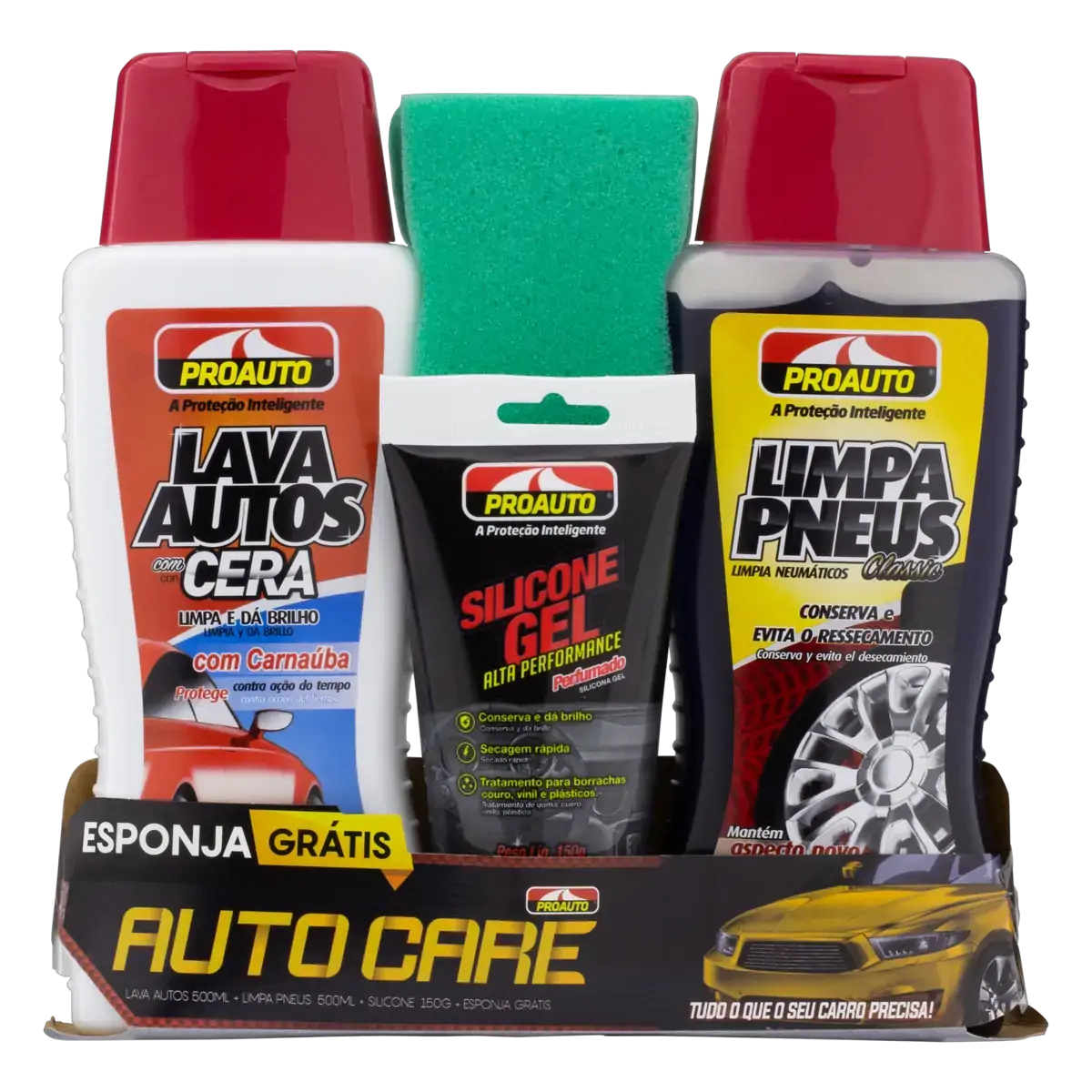 Kit Lava Autos 500ml Limpa Pneus 500ml Silicone Gel 150g Proauto Auto Care Grátis Esponja