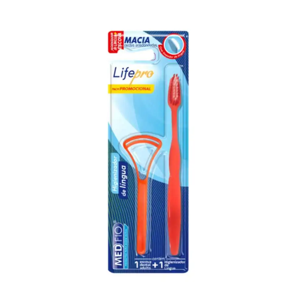 Escova Dental Adulto Macia Life Pro + Higienizador de Língua - Medfio - Escova + Higienizador (Cód.