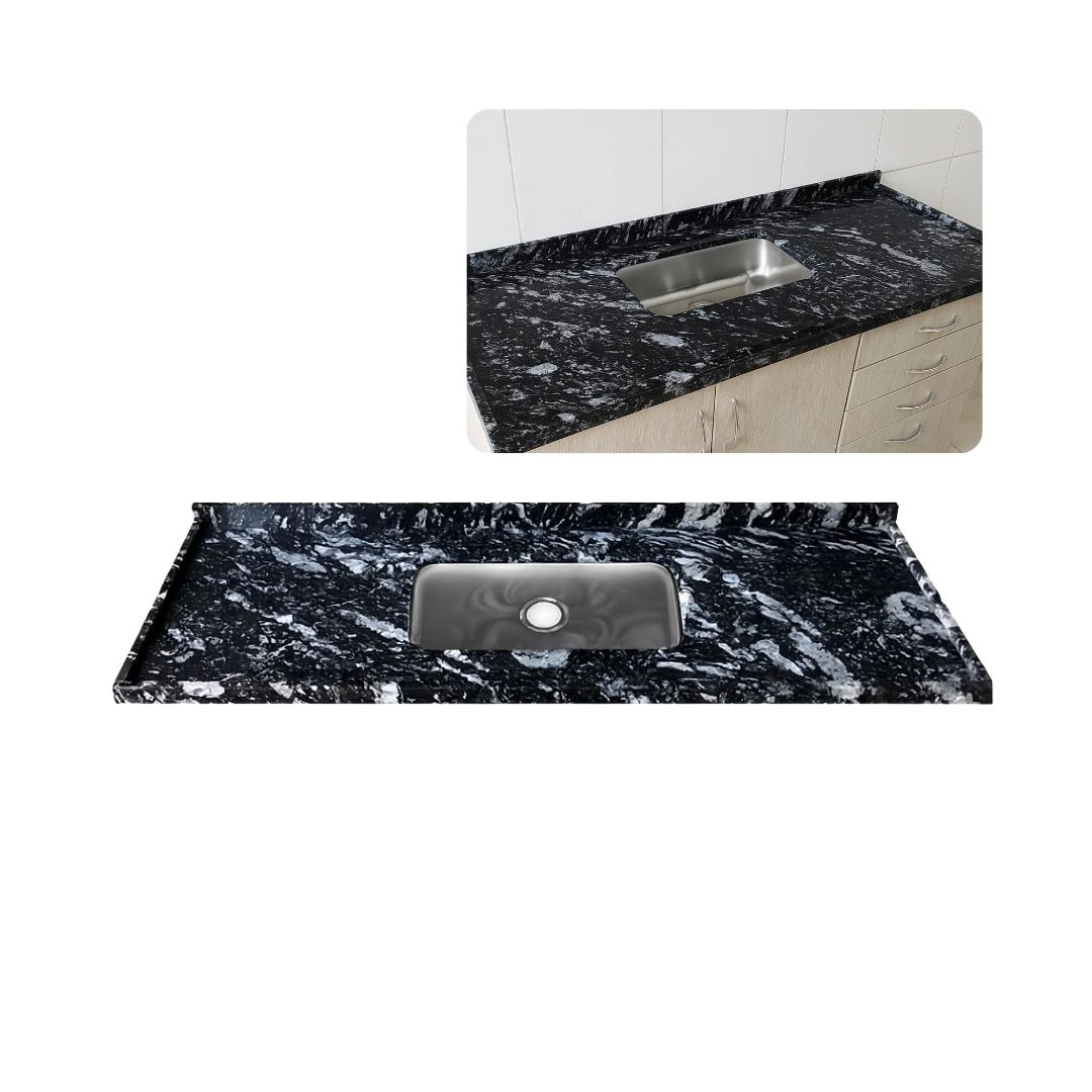 Pia De Cozinha 100cm Granito Preto Indiano Cuba Inox Rasa  Preto Indiano