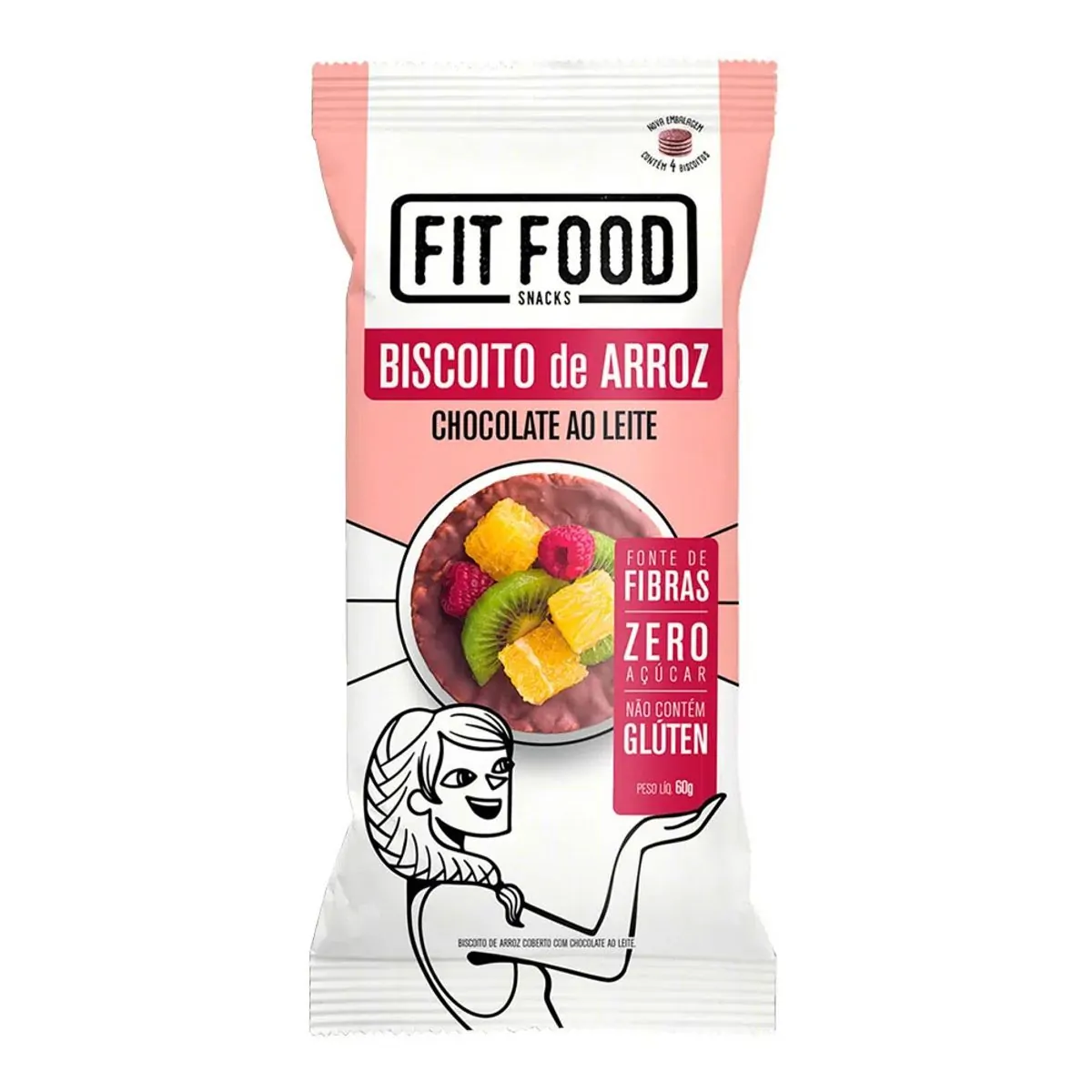 Biscoito de Arroz Integral Cobertura Chocolate ao Leite Zero Açúcar Fit Food 60g