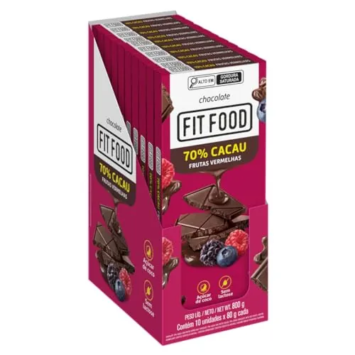 Chocolate 70 Cacau Frutas Vermelhas Zero Lactose Fit Food Caixa 800g 10 Unidades