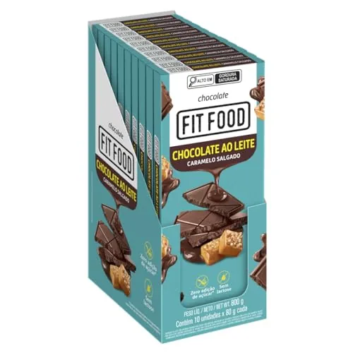 Chocolate Ao Leite Caramelo Salgado Zero Lactose Fit Food Caixa 800g 10 Unidades