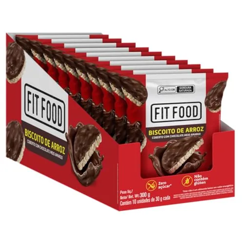 Biscoito De Arroz Cobertura Chocolate Meio Amargo Fit Food Caixa 300g 10 Unidades