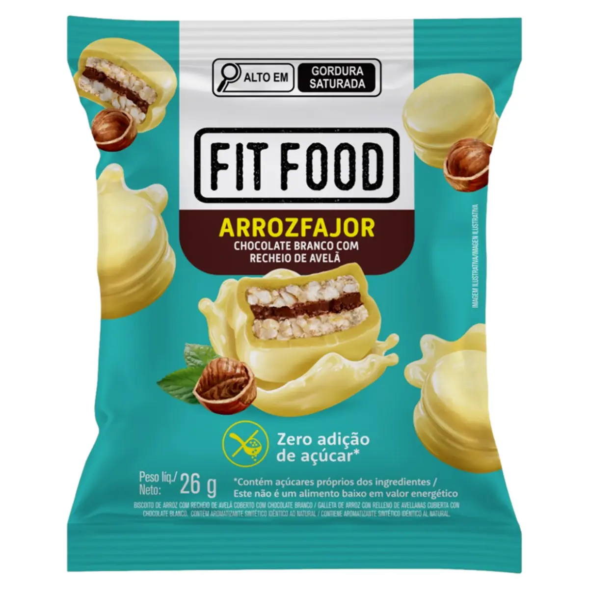 Biscoito De Arroz Recheio Avelã Cobertura Chocolate Branco Fit Food Arrozfajor Pacote 26g