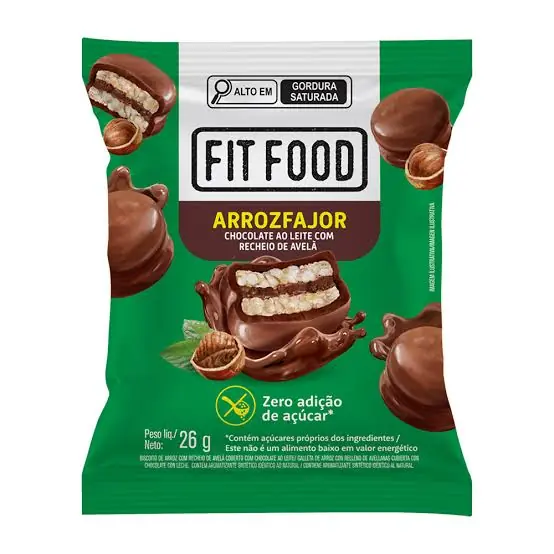 Biscoito De Arroz Recheio Avelã Cobertura Chocolate Ao Leite Fit Food Arrozfajor Pacote 26g